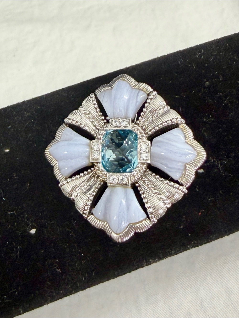 JUDITH RIPKA Sterling Swiss Blue Topaz & Lace Agate Fleur Trumpet Brooch Pendant